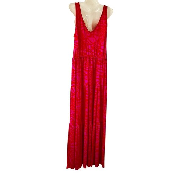 Lascana x VENUS Tiered Maxi Dress Pink and Red Abstract Stretch V Neck Size Med - Picture 7 of 12